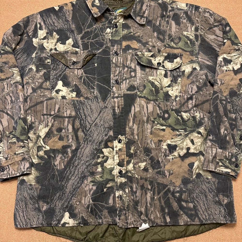 Cabela's Shirt Jacket Mens XL Green Camo Mossy Oak Quilted Lined Flannel Cotton